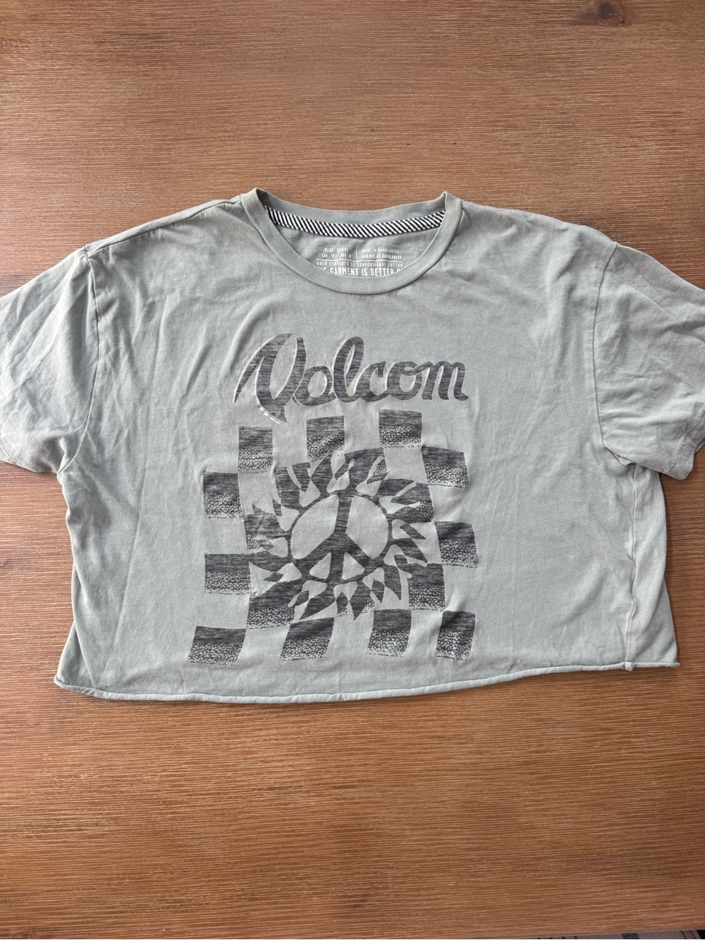Volcom Olive Graphic Crop Top with Peace Logo